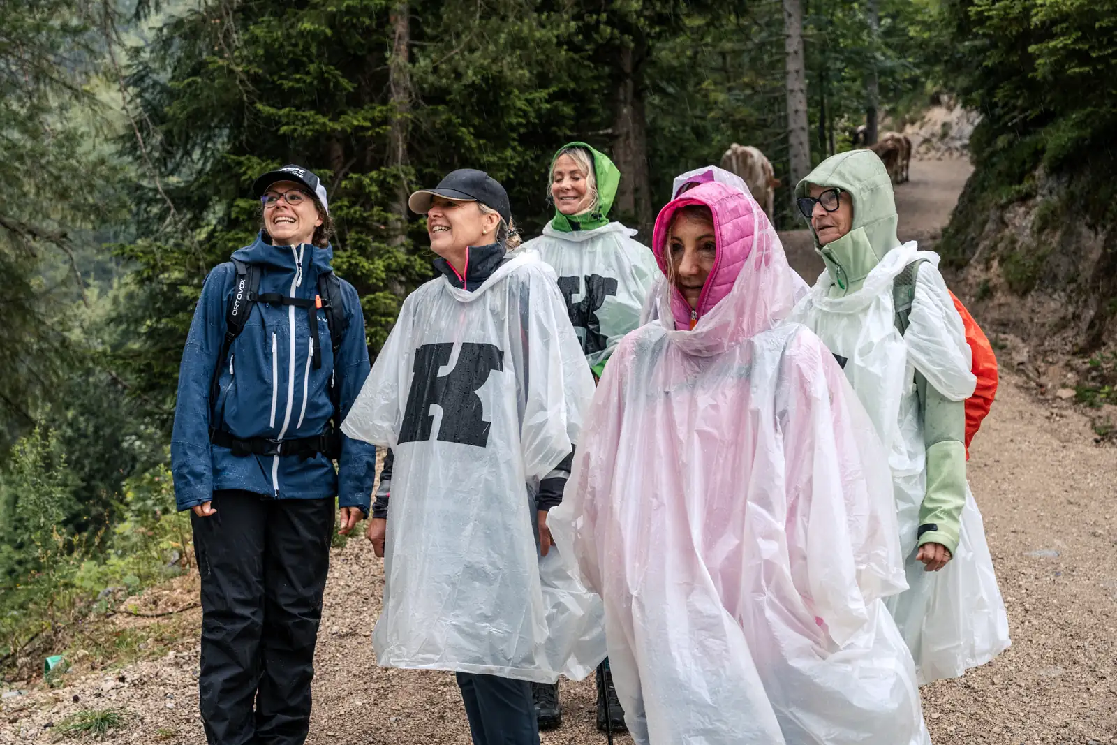 Achtsamkeitswanderung im Kufsteinerland MICE Ladies im Gespräch während einer regnerischen Achtsamkeitswanderung